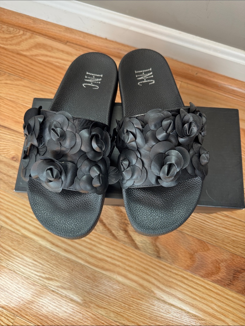 INC International Concepts Black Floral Applique Slide Sandals